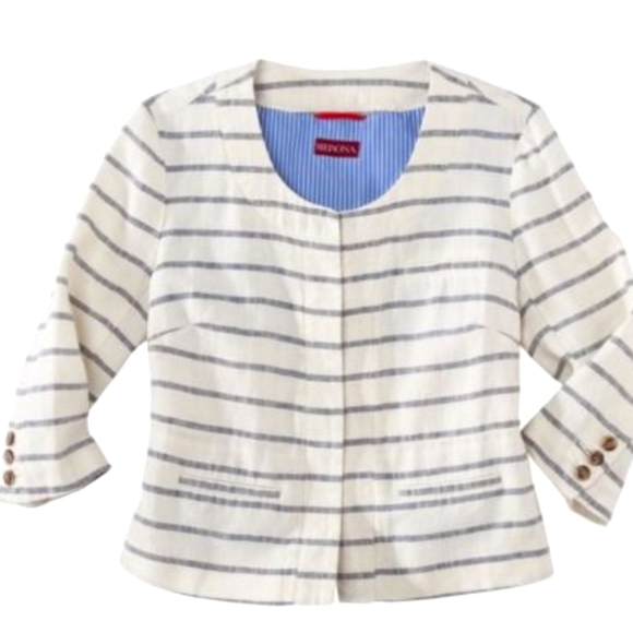 Merona - Striped Linen Crop Jacket - Ivory Cream/ Blue - Size Large - Picture 3 of 12